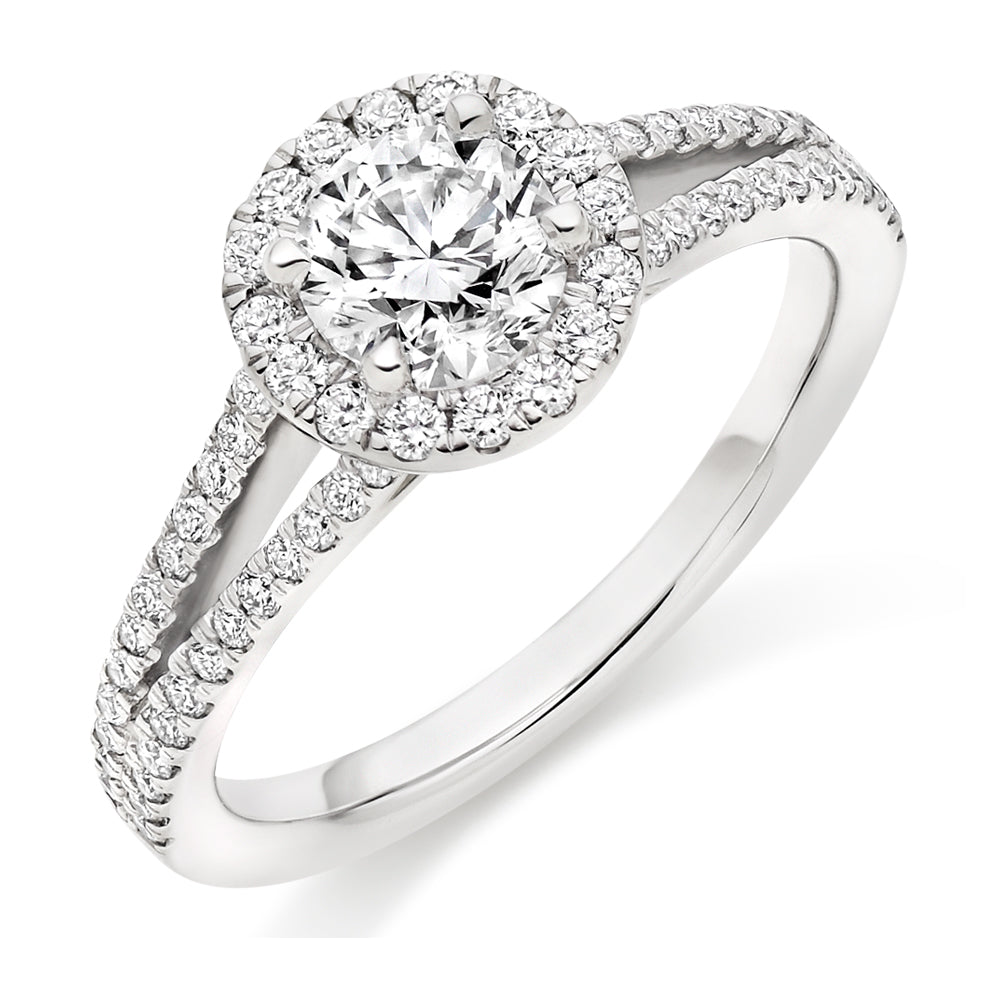 Halo with Split Shoulders Round Brilliant Engagement Ring, 0.75ct in White Gold