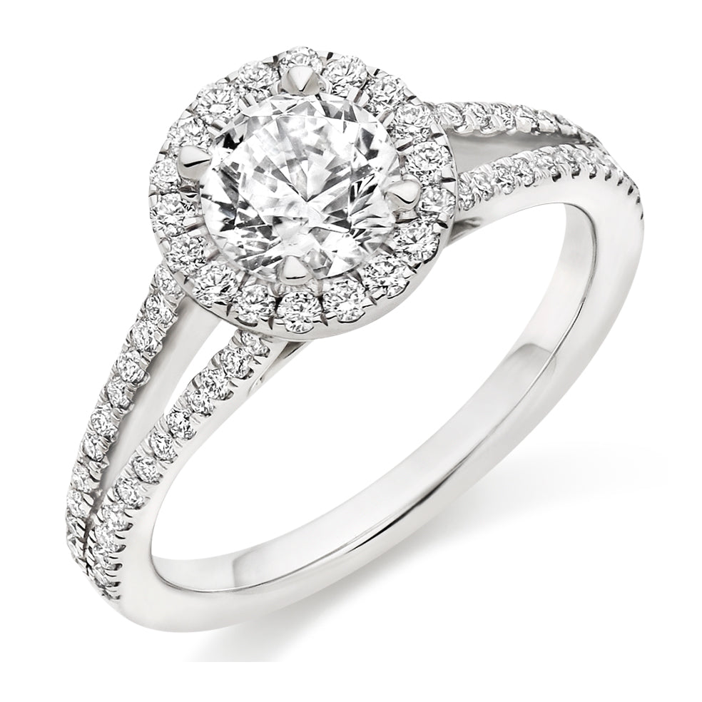 Split-Shoulder Halo Round Brilliant Engagement Ring, 0.9ct in White Gold