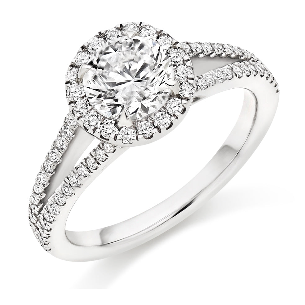 Curved-Shoulder Halo Round Brilliant Engagement Ring, 1.0ct in White Gold