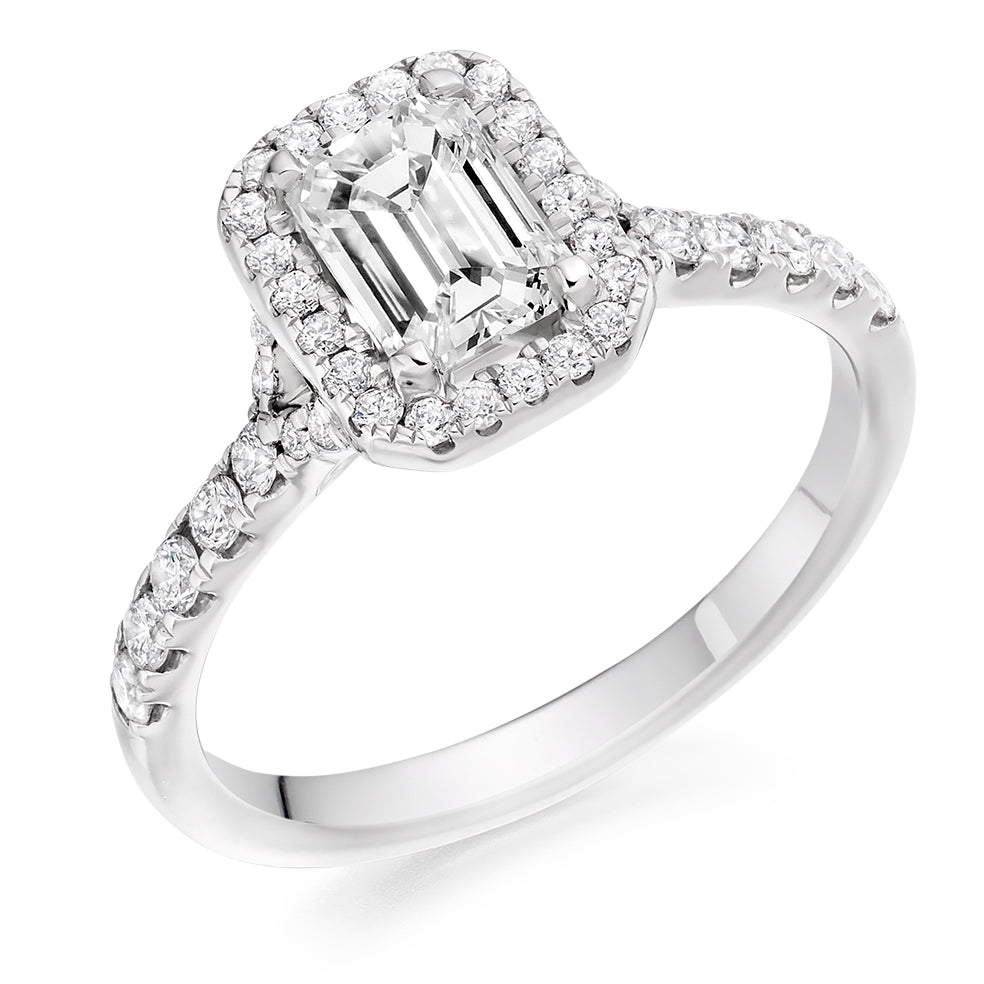 Halo with Diamond Shoulders Emerald Cut Engagement Ring in White Gold