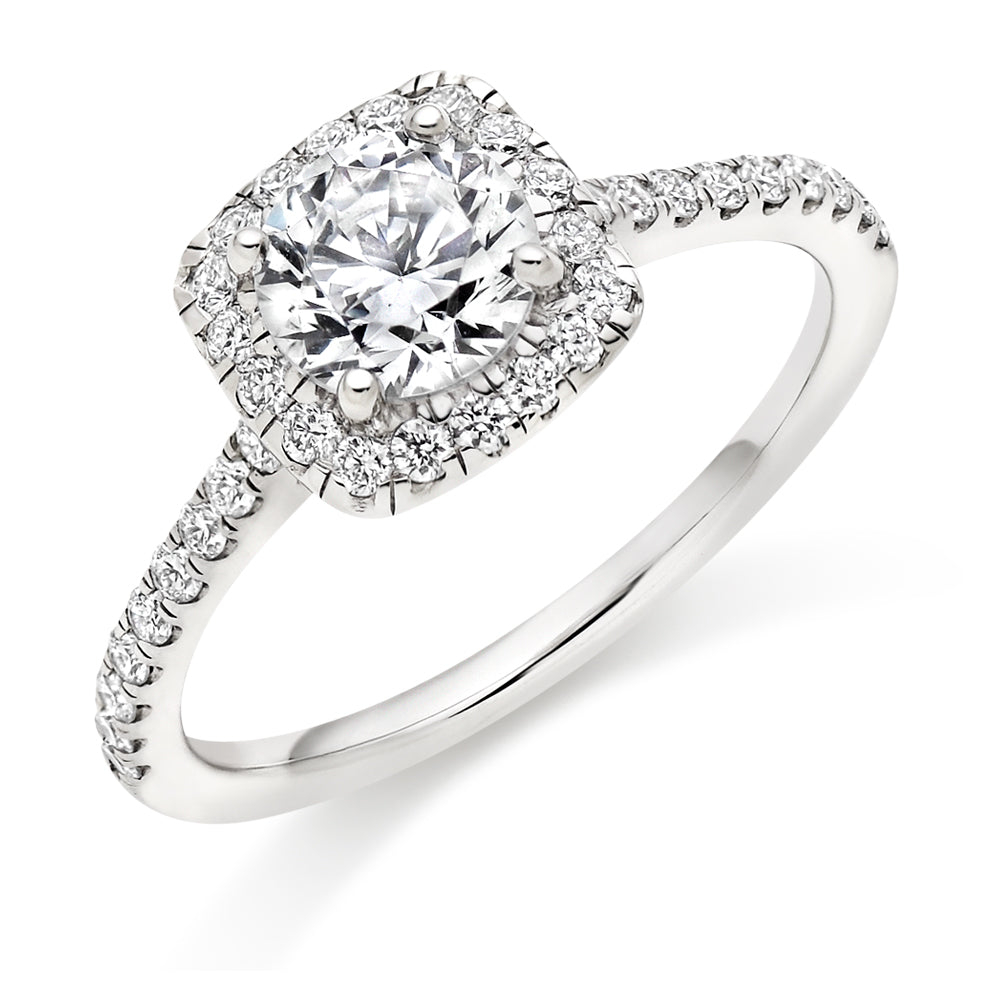 Pavé-Shoulder Halo Round-Brilliant Engagement Ring, 0.9ct (ENG5417 SMT) in White Gold