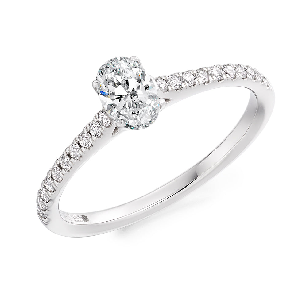 Solitaire with Diamond Shoulders Oval Cut Engagement Ring, 0.5ct in White Gold