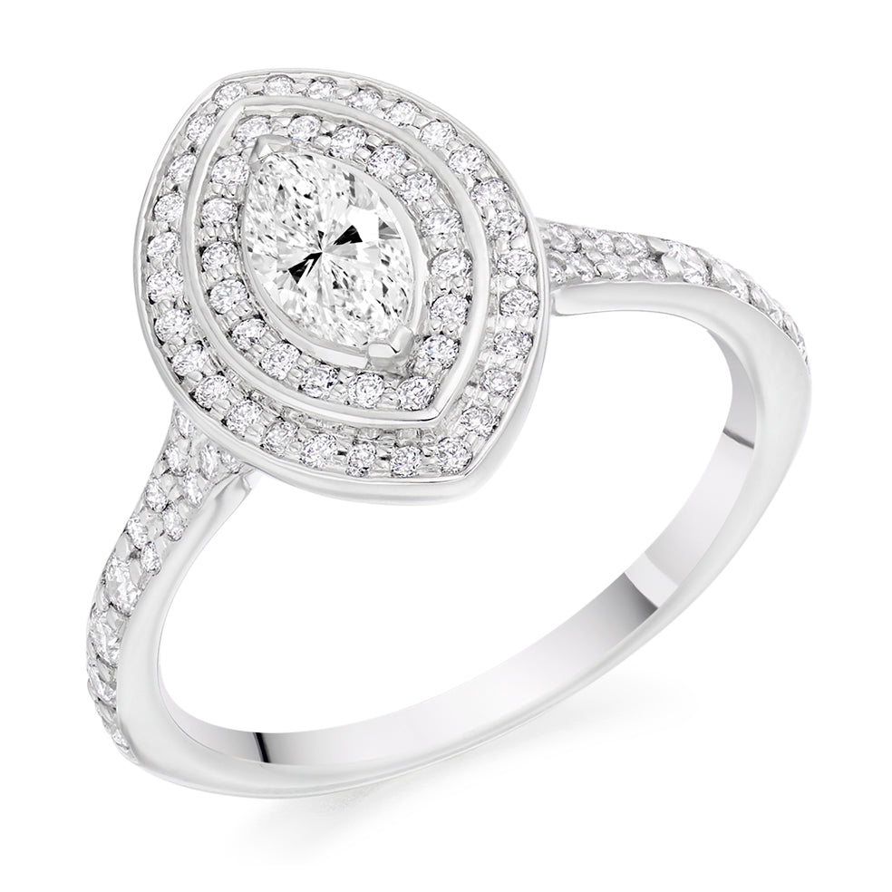 Double-Halo Split-Shoulder Marquise-Cut Engagement Ring, 0.33ct in White Gold