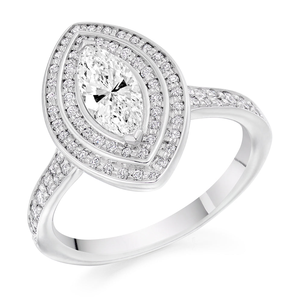 Double-Halo Split-Shoulder Marquise-Cut Engagement Ring, 0.75ct in White Gold