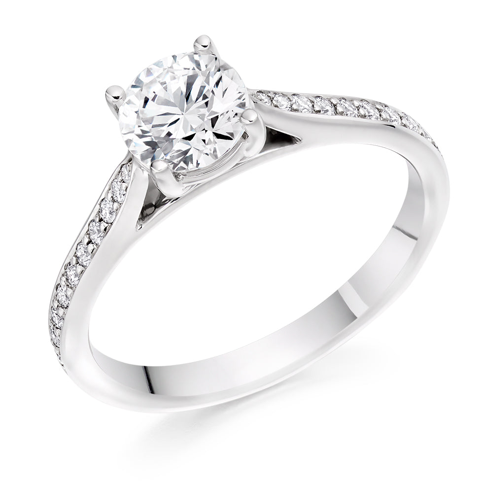 Pavé-Shouldered Solitaire Round Brilliant Engagement Ring 0.9ct total in White Gold