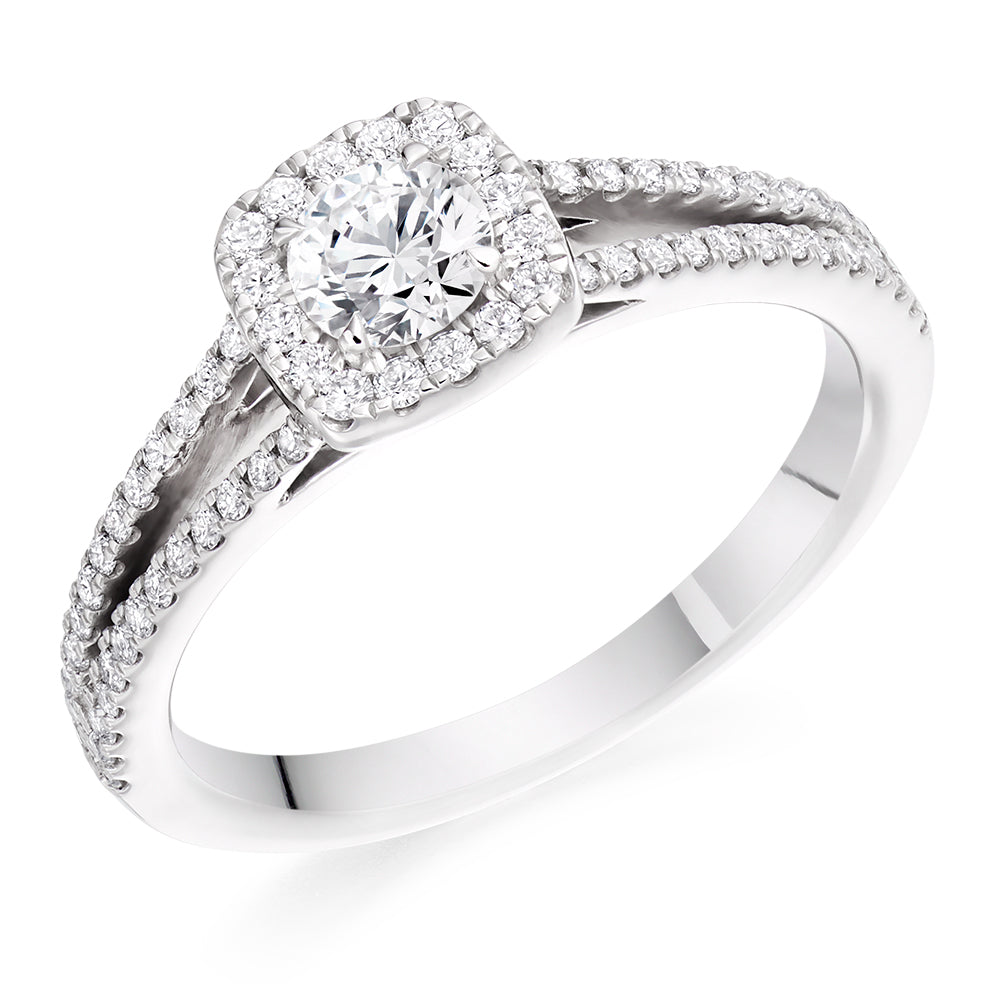 Halo with Split Shoulders Round Brilliant Engagement Ring 0.68ct in White Gold