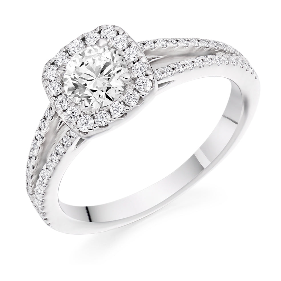 Split-Shoulder Halo Round Brilliant Engagement Ring 0.95ct in White Gold
