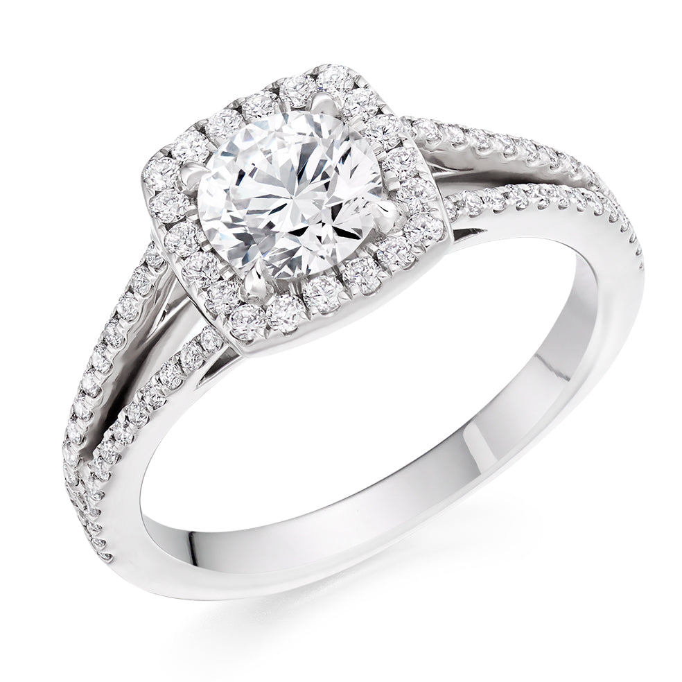Halo with Split Shoulders Round Brilliant Engagement Ring, 0.9ct in White Gold