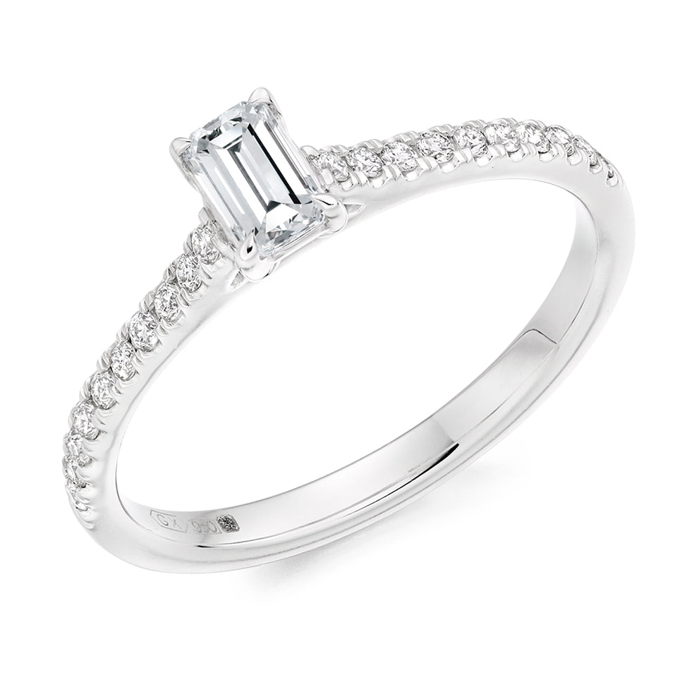 Diamond-Shouldered Solitaire Emerald Cut Engagement Ring in White Gold