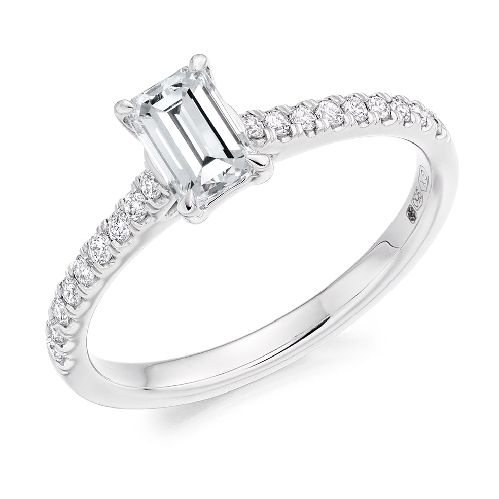 Accent-Shouldered Solitaire Emerald Cut Engagement Ring in White Gold