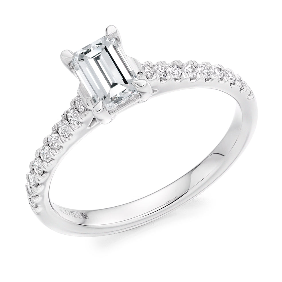 Diamond-Shouldered Solitaire Emerald Cut Engagement Ring, 0.75ct in White Gold