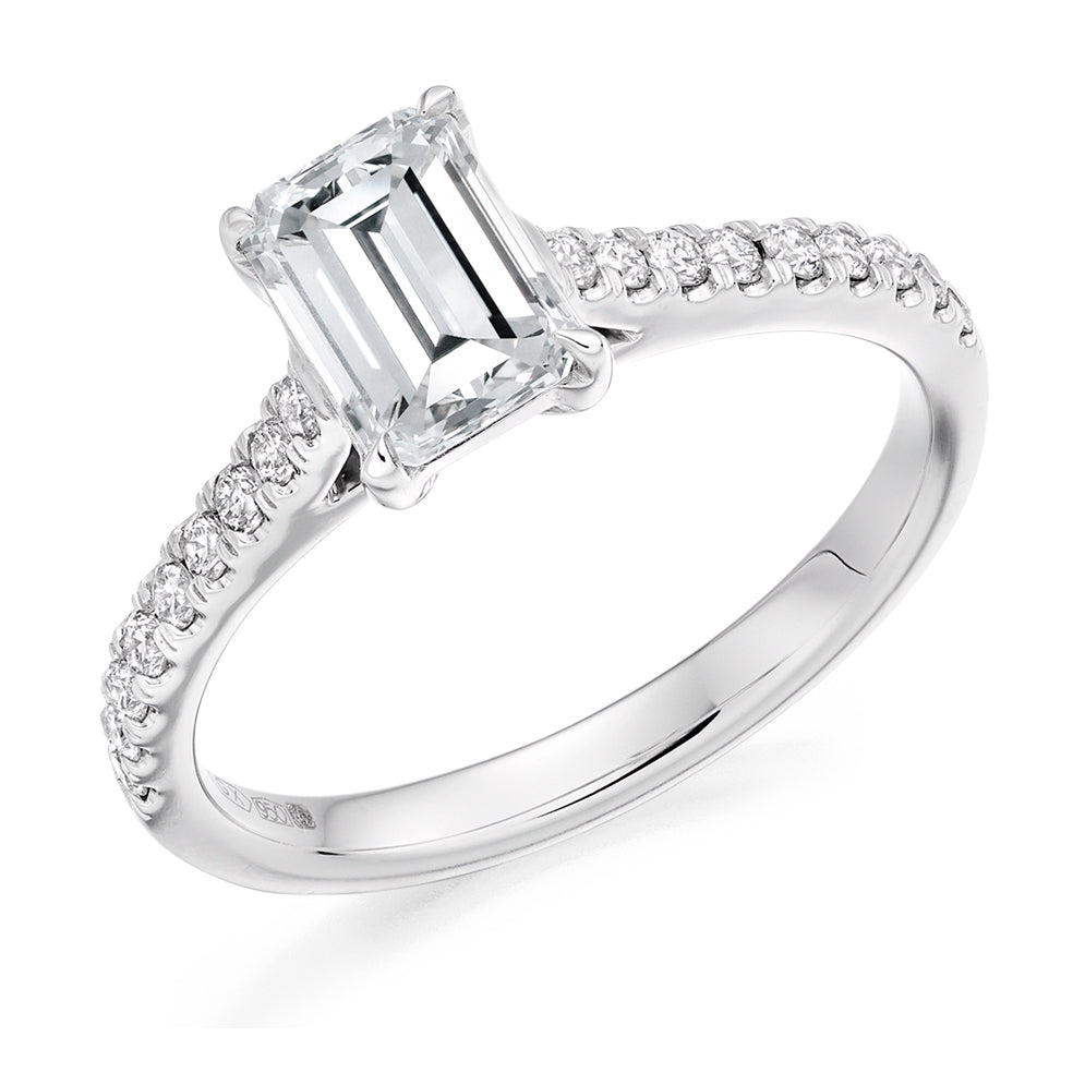 Diamond-Shouldered Solitaire Emerald Cut Engagement Ring, 1.0ct in White Gold
