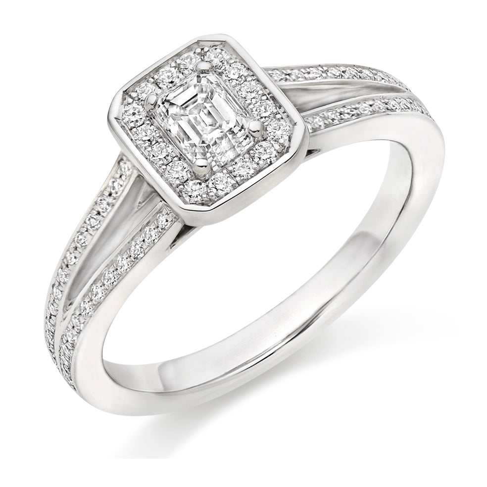 Split-Shoulder Halo Emerald Cut Engagement Ring, 0.33ct in White Gold