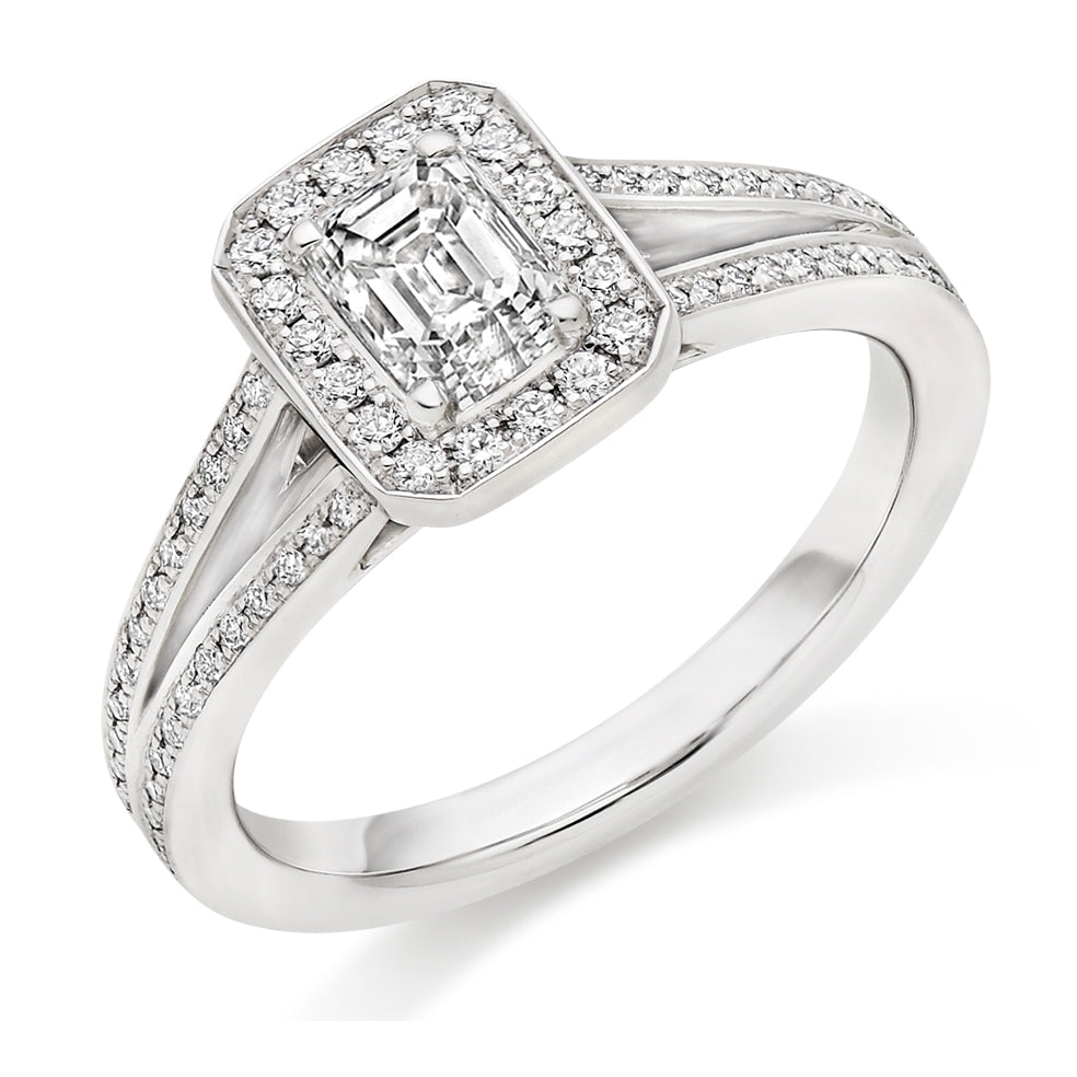 Curved-Shoulder Halo Emerald Cut Engagement Ring, 0.5ct in White Gold