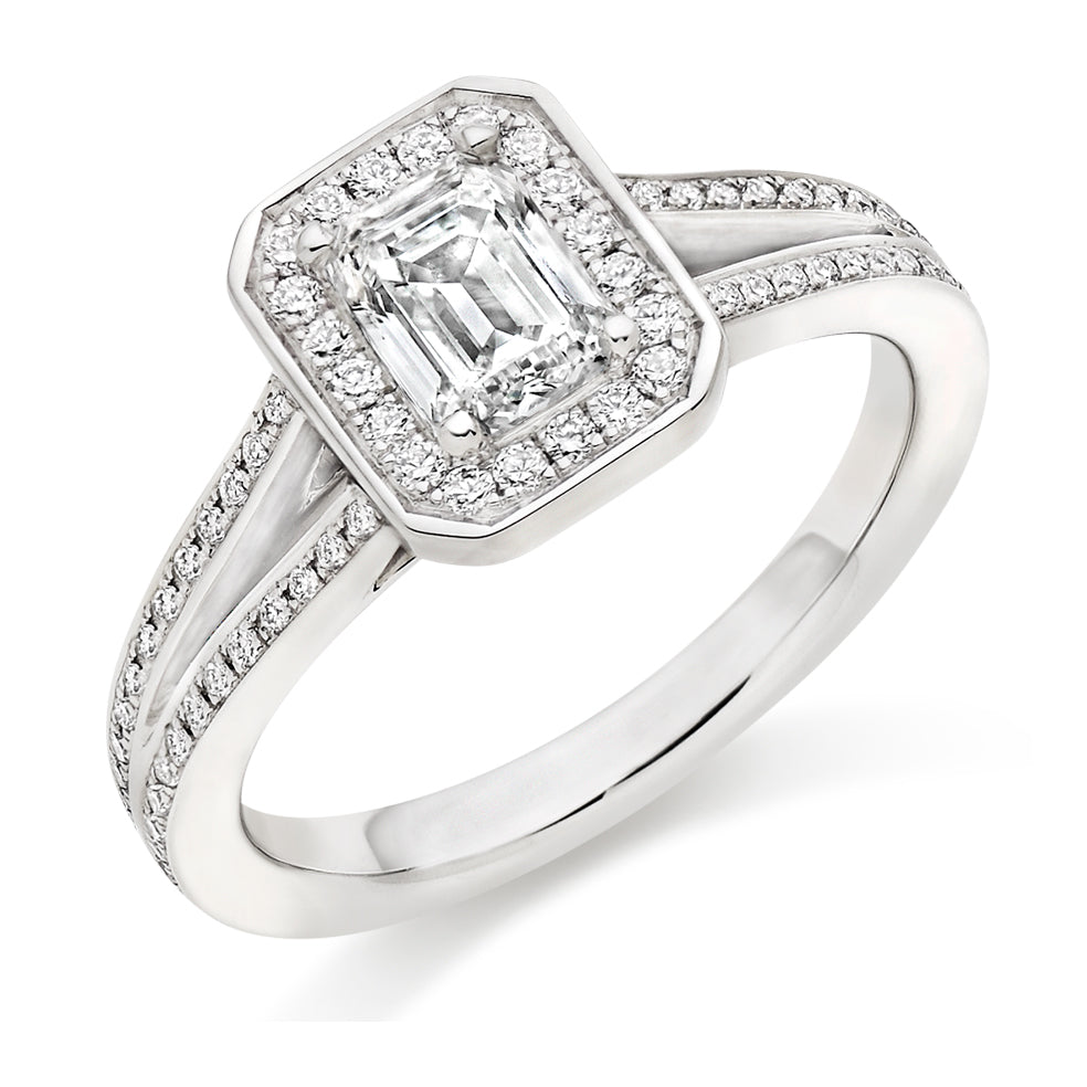 Split-Shoulder Halo Emerald Cut Engagement Ring in White Gold