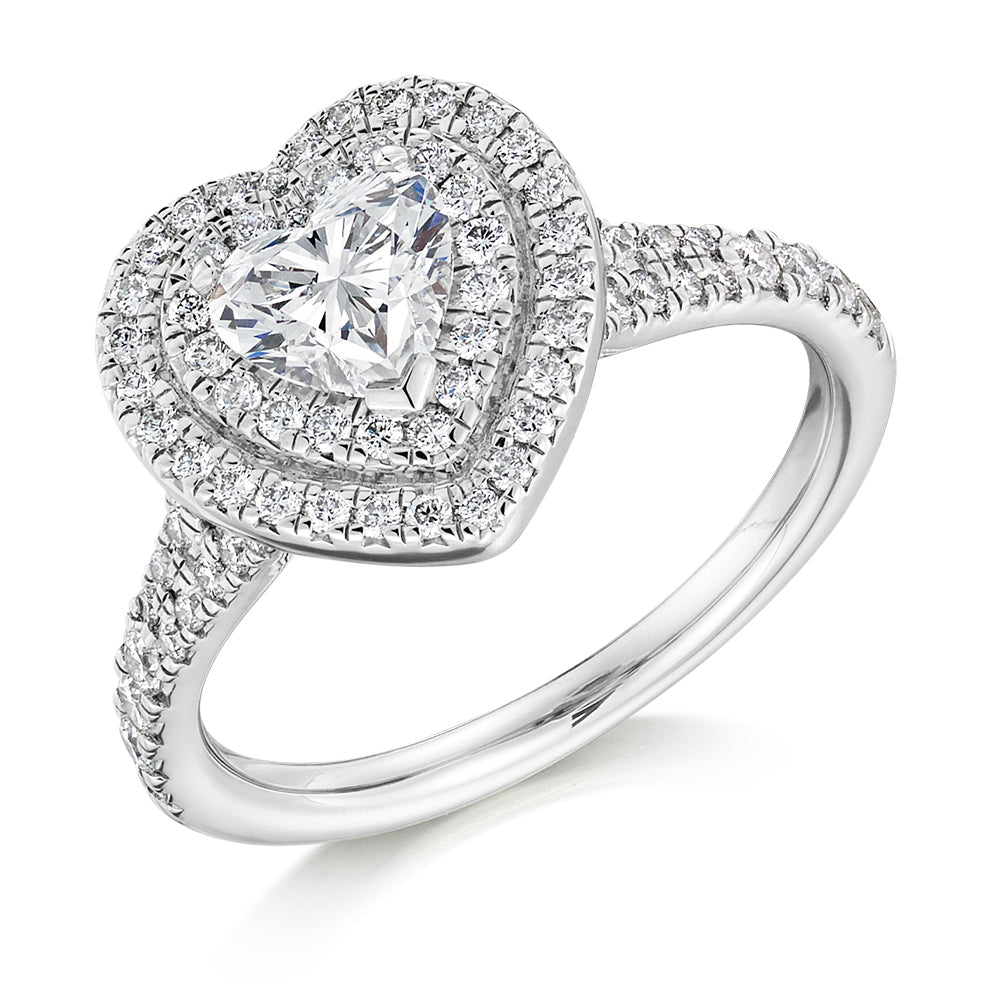 Double-Halo Split-Shoulder Heart-Cut Engagement Ring, 0.75ct in White Gold