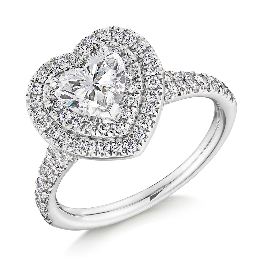 Double-Halo Split-Shoulder Heart-Cut Engagement Ring, 1.0ct in White Gold