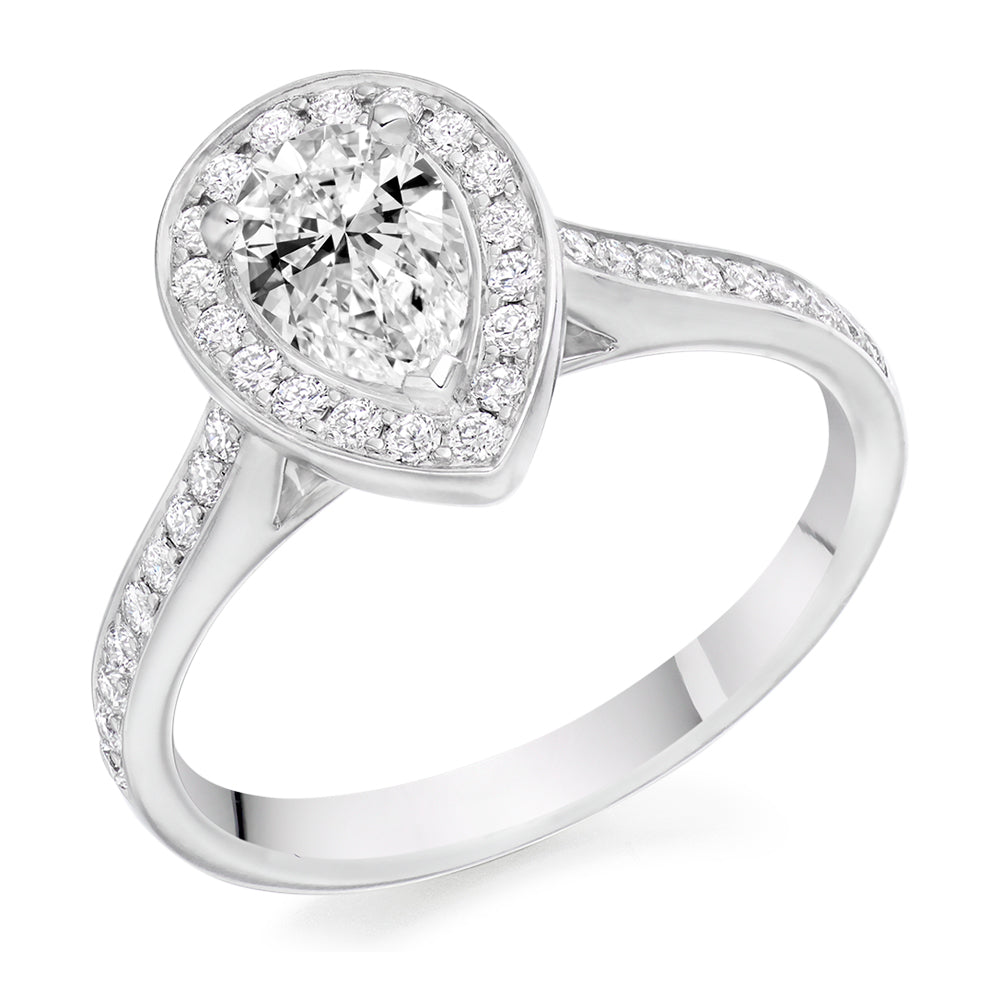 Pavé-Shoulder Halo Pear-Cut Engagement Ring, 0.75ct in White Gold