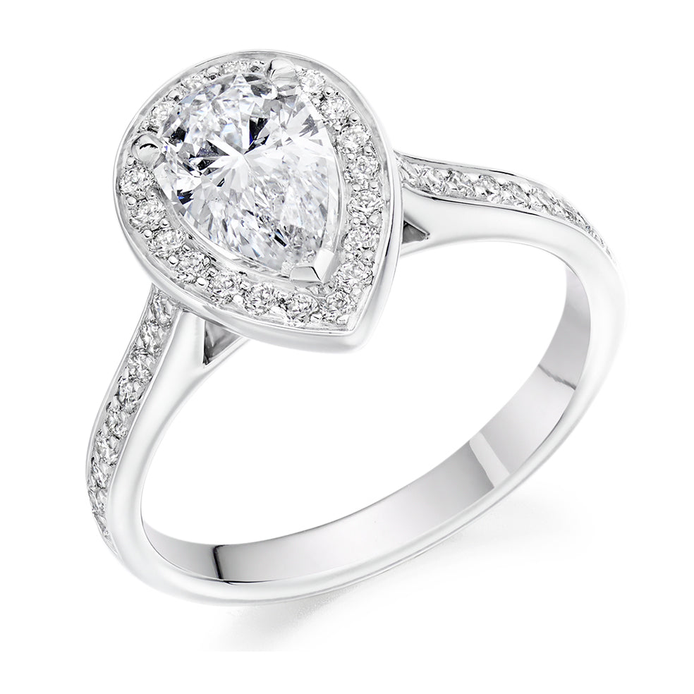 Pavé-Shoulder Halo Pear-Cut Engagement Ring, 1.0ct in White Gold