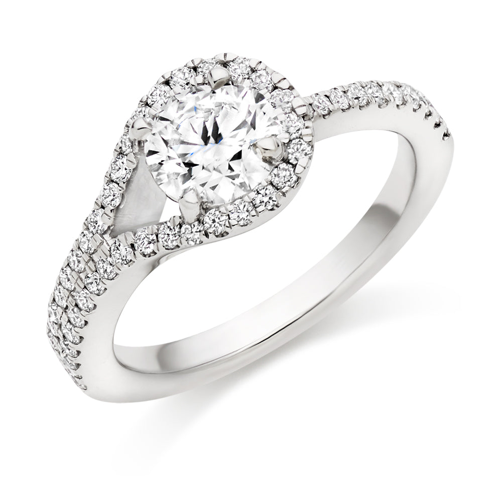 Curved-Shoulder Halo Round Brilliant Engagement Ring, 0.75ct in White Gold