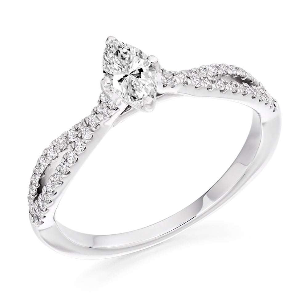 Curved-Shoulder Solitaire Marquise Cut Engagement Ring, 0.25ct in White Gold