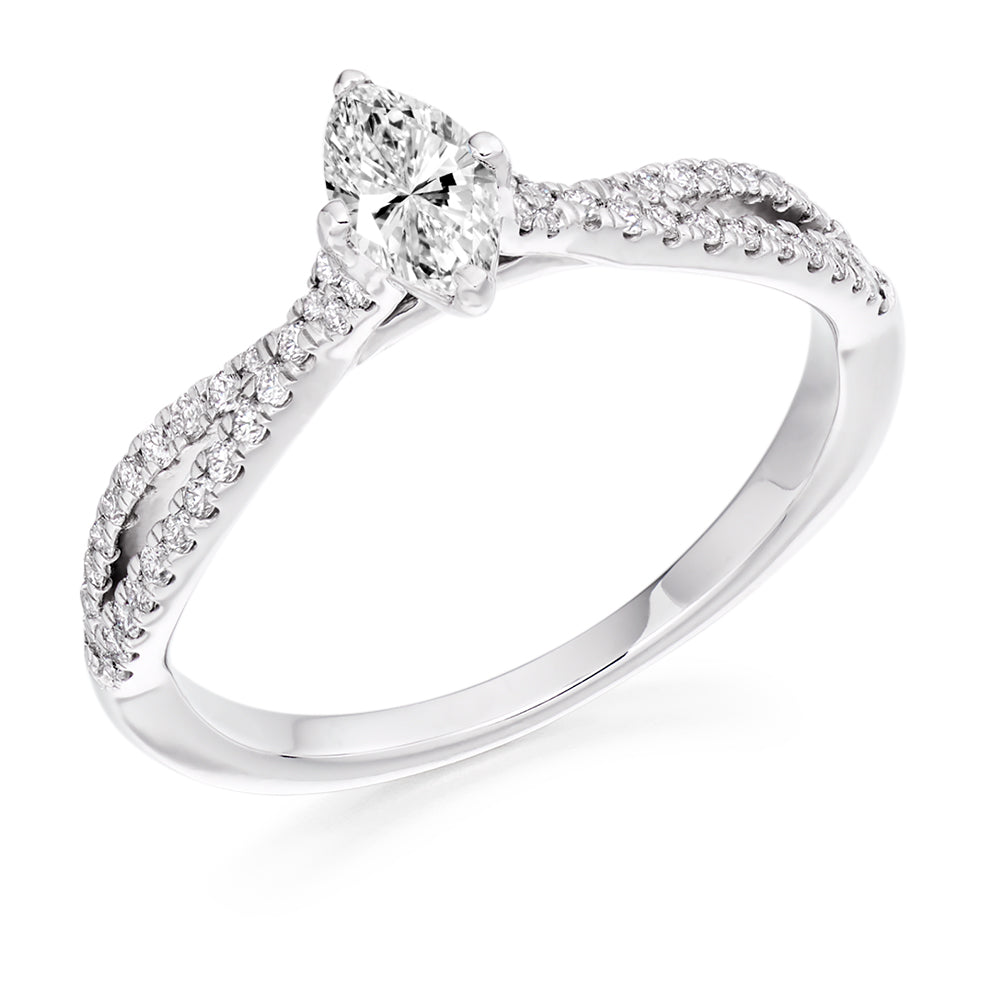Solitaire with Split Shoulders Marquise Cut Engagement Ring in White Gold