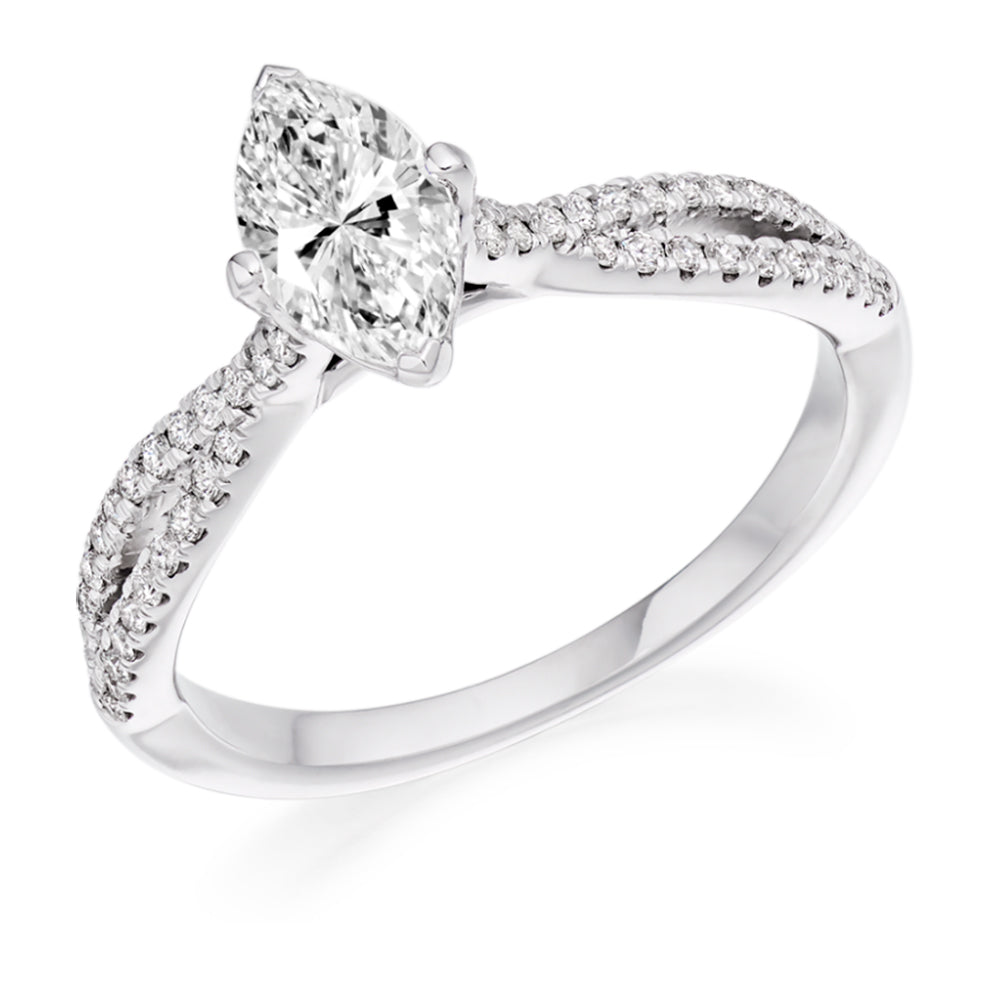 Curved-Shoulder Solitaire Marquise Cut Engagement Ring, 0.75ct in White Gold