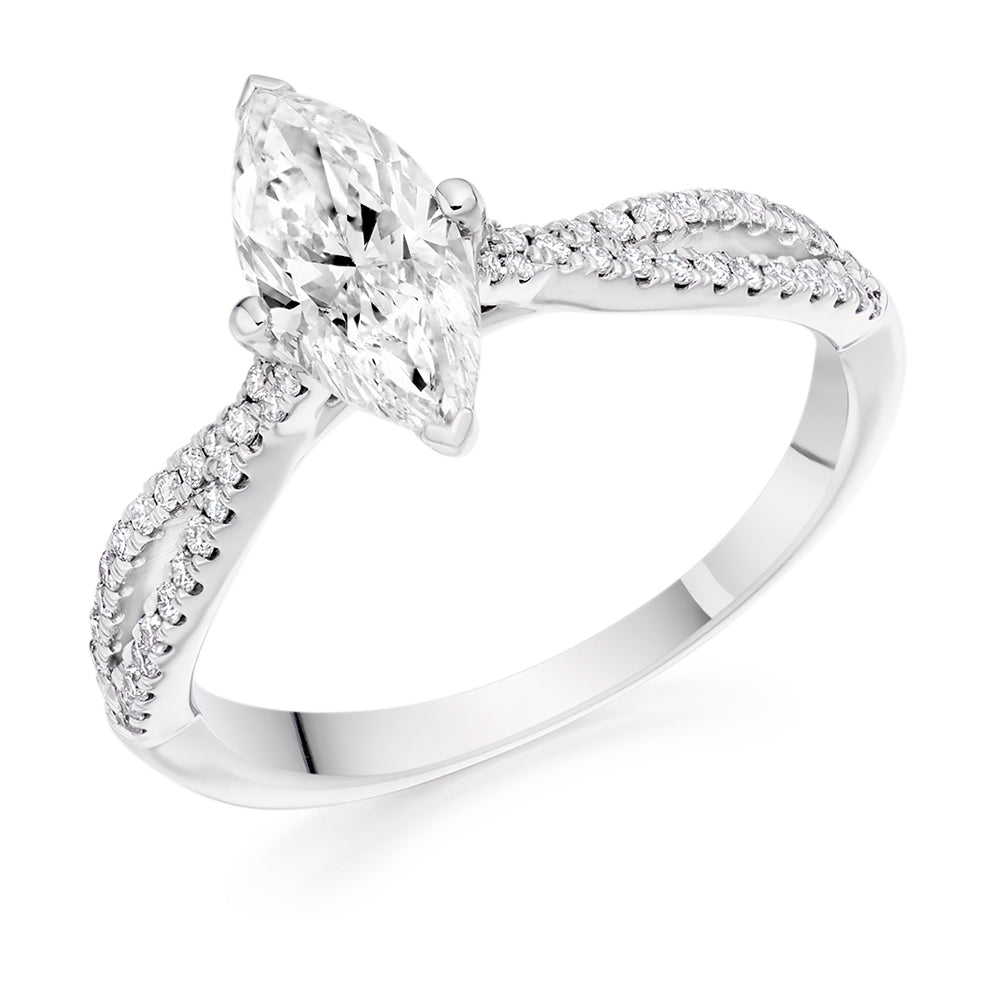 Solitaire with Split Shoulders Marquise Cut Engagement Ring, 1.0ct in White Gold
