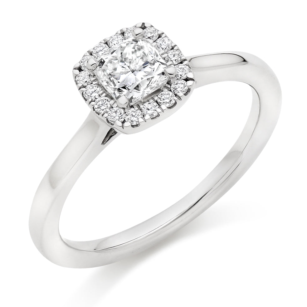 Plain-Shoulder Halo Cushion-Cut Engagement Ring, 0.5ct in White Gold
