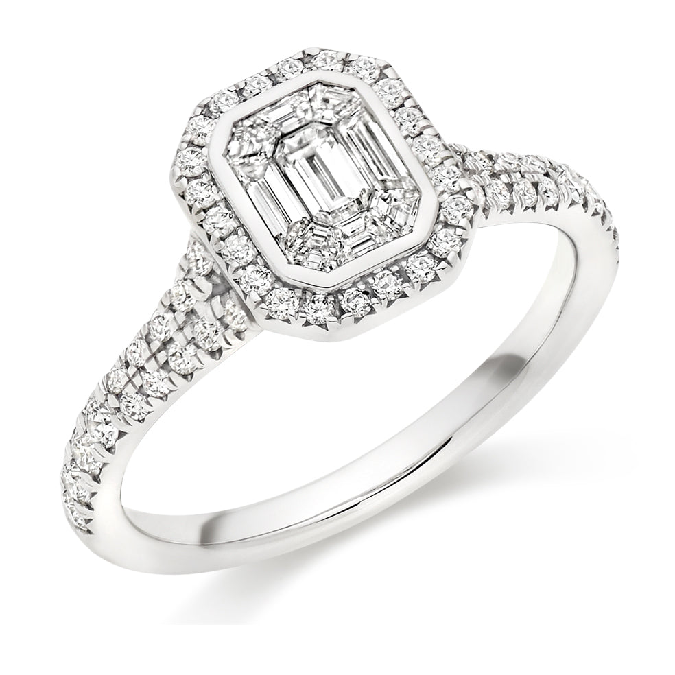 Split-Shoulder Invisible-Set Halo Emerald-Cut Engagement Ring, 0.4ct (ENG6196) in White Gold