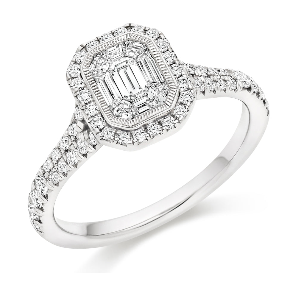 Split-Shoulder Invisible-Set Halo Emerald-Cut Engagement Ring, 0.4ct in White Gold