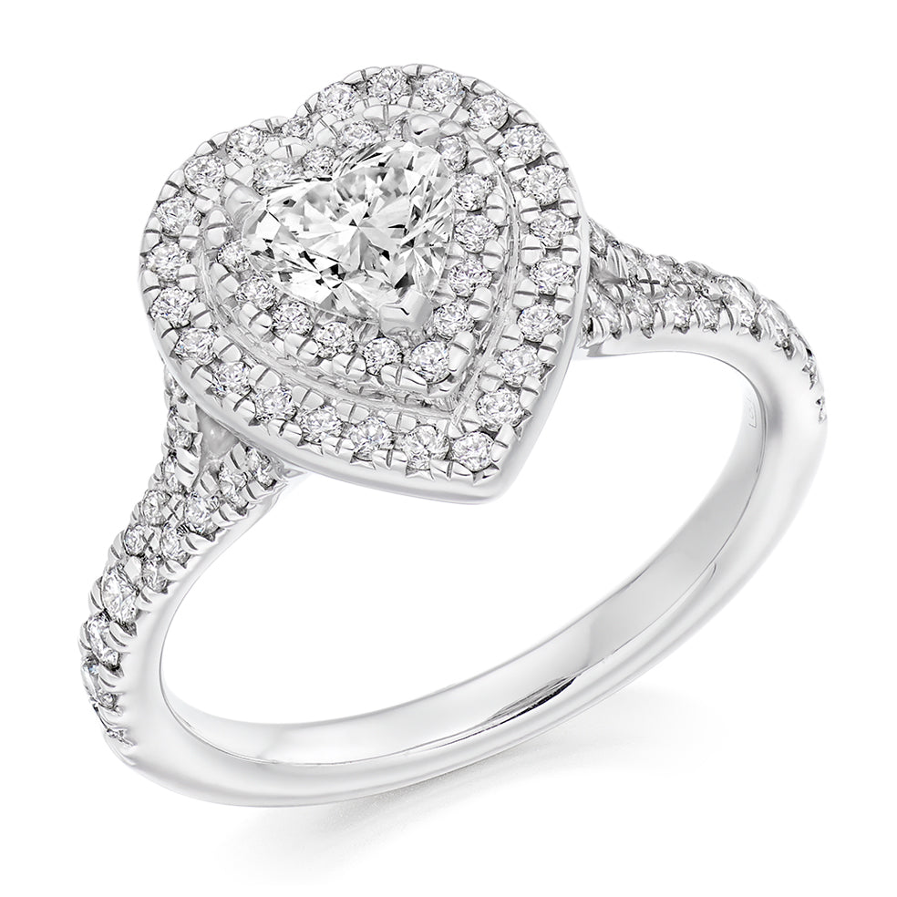 Double-Halo Split-Shoulder Heart-Cut Engagement Ring, 0.5ct in White Gold