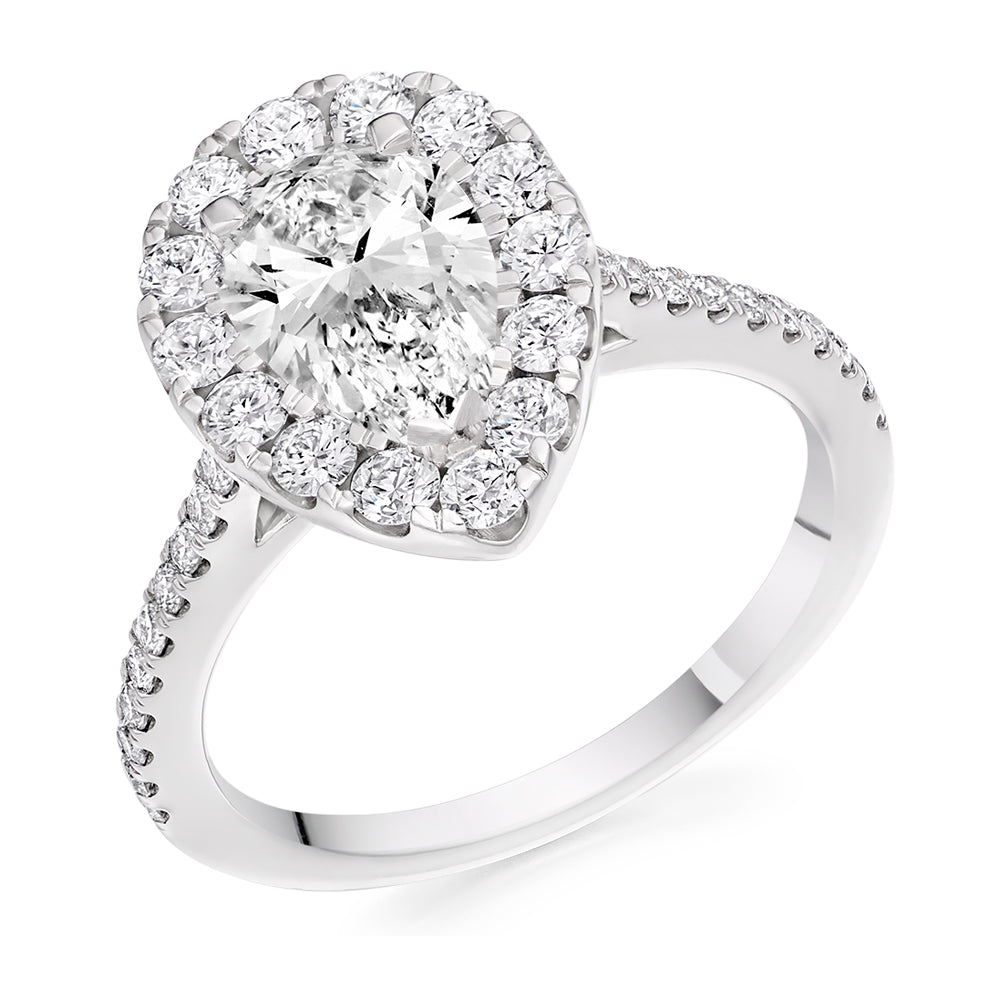 Halo with Diamond Set Shoulders Pear Cut Engagement Ring, 1.00ct in White Gold