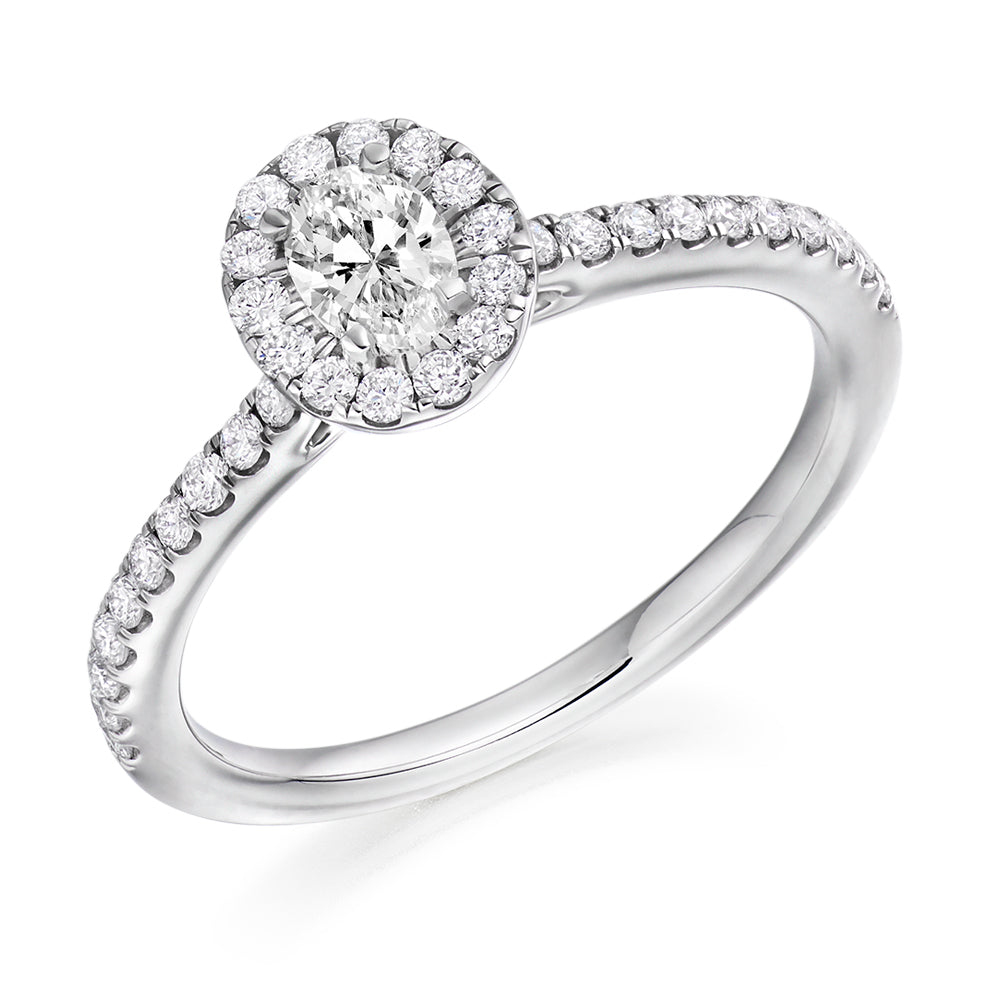 Halo with Diamond Set Shoulders Oval Cut Engagement Ring, 0.25ct in White Gold