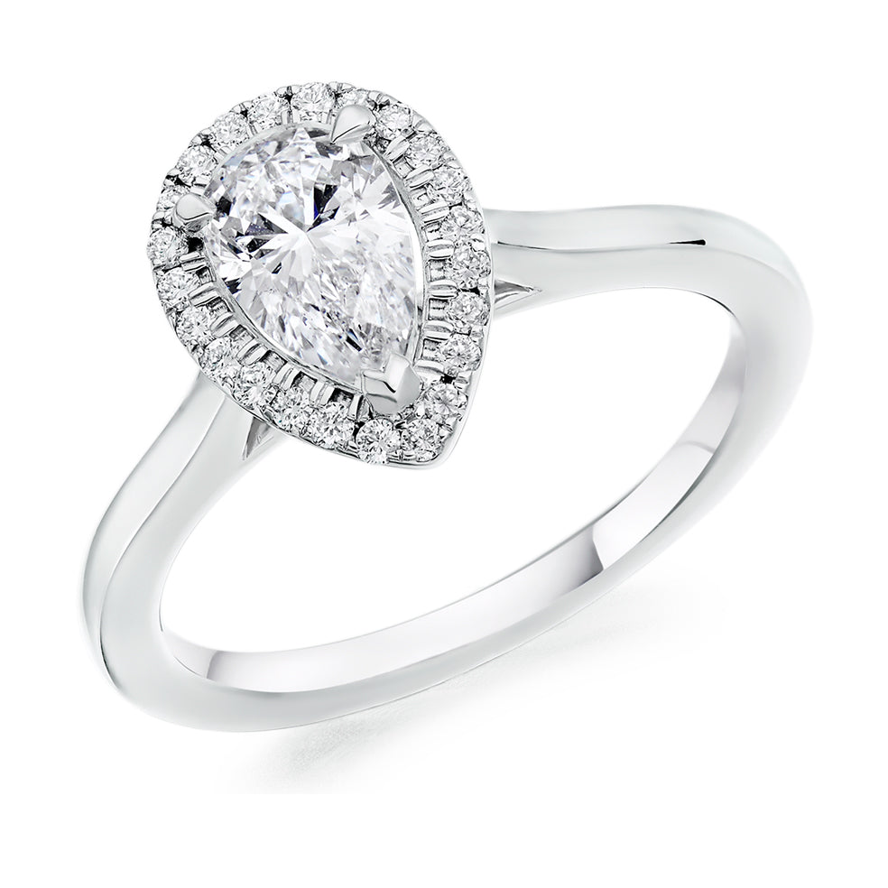 Halo with Plain Shoulders Pear Cut Engagement Ring, 0.90ct in White Gold