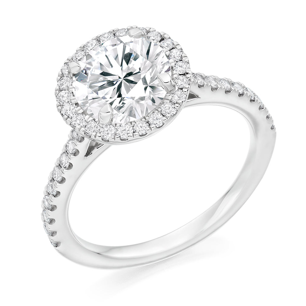Halo with Diamond Set Shoulders Round Brilliant Engagement Ring, 2.00ct in White Gold