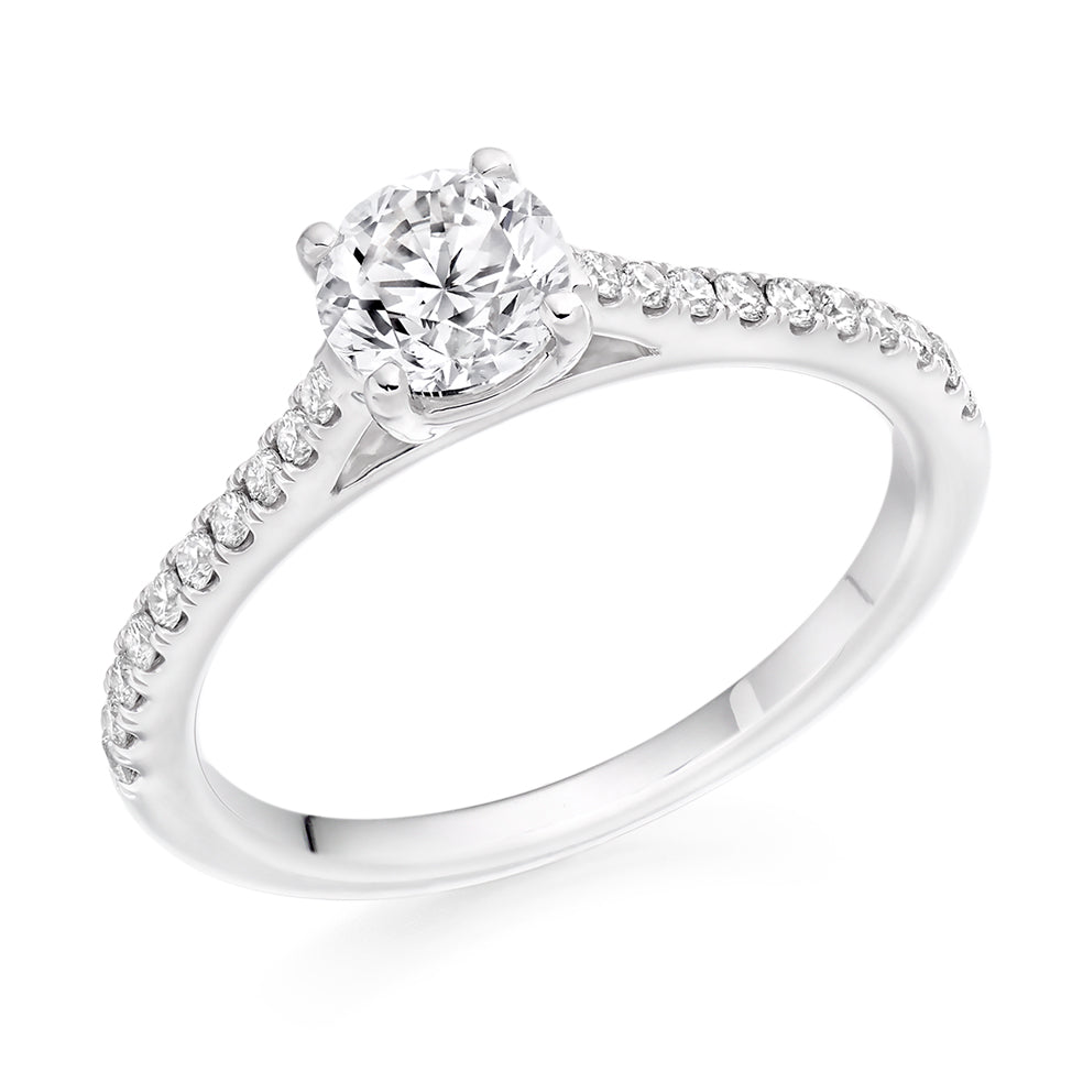 Solitaire with Diamond Set Shoulders Round Brilliant Engagement Ring, 0.75ct in White Gold