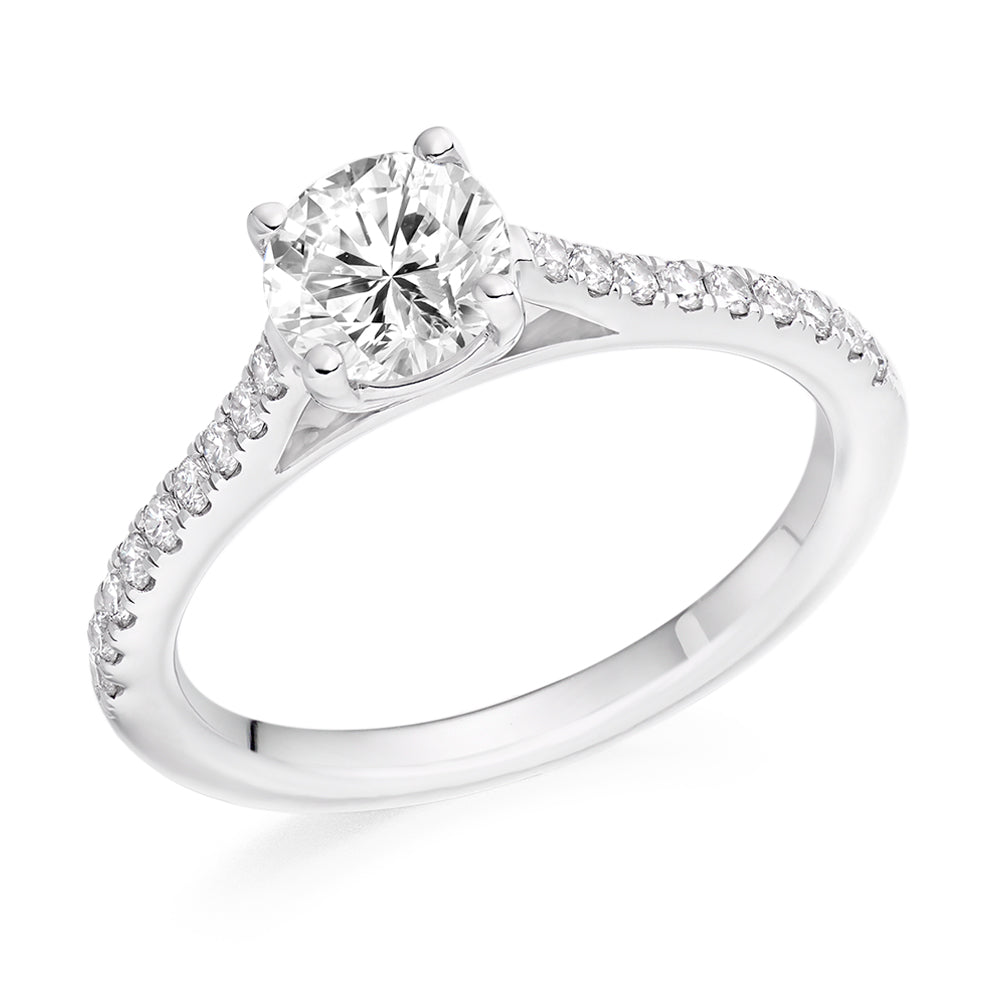 Solitaire with Diamond Set Shoulders Round Brilliant Engagement Ring, 0.90ct in White Gold