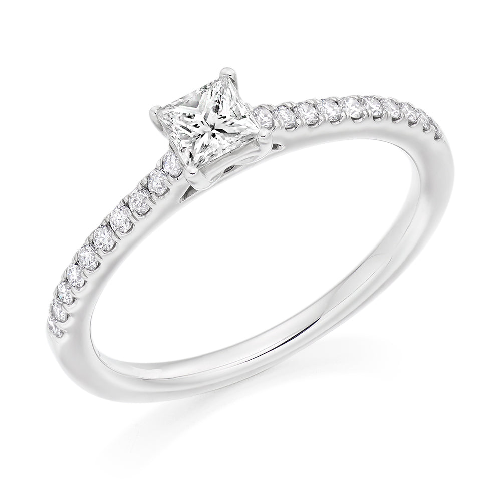 Solitaire with Diamond Set Shoulders Princess Cut Engagement Ring, 0.25ct in White Gold