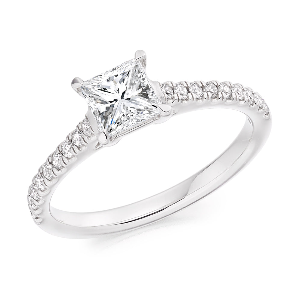 Solitaire with Diamond Set Shoulders Princess Cut Engagement Ring, 0.75ct in White Gold