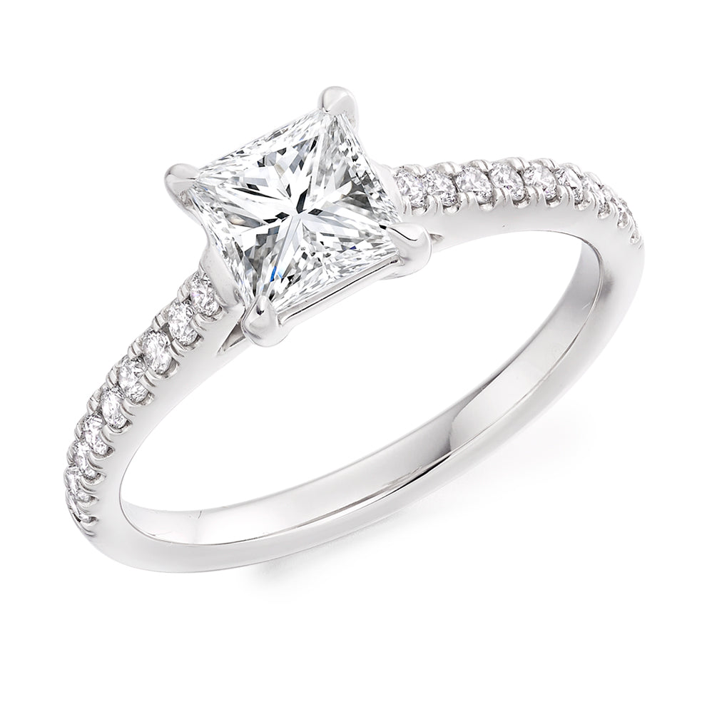 Accent-Shouldered Solitaire Princess Cut Engagement Ring, 1.0ct in White Gold