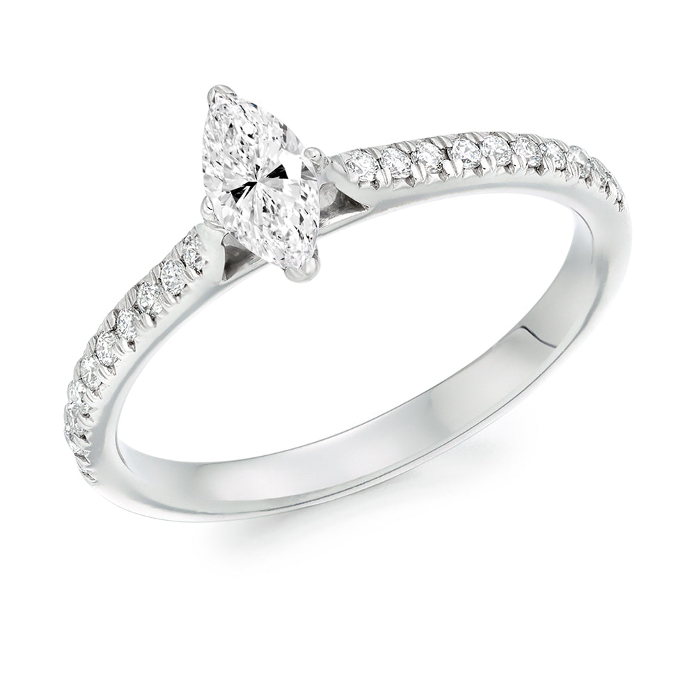 Diamond-Shouldered Solitaire Marquise Cut Engagement Ring in White Gold