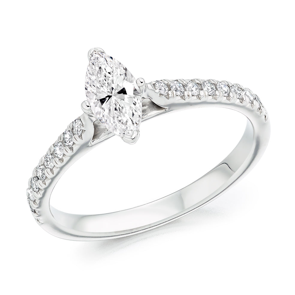Accent-Shouldered Solitaire Marquise Cut Engagement Ring, 0.4ct in White Gold