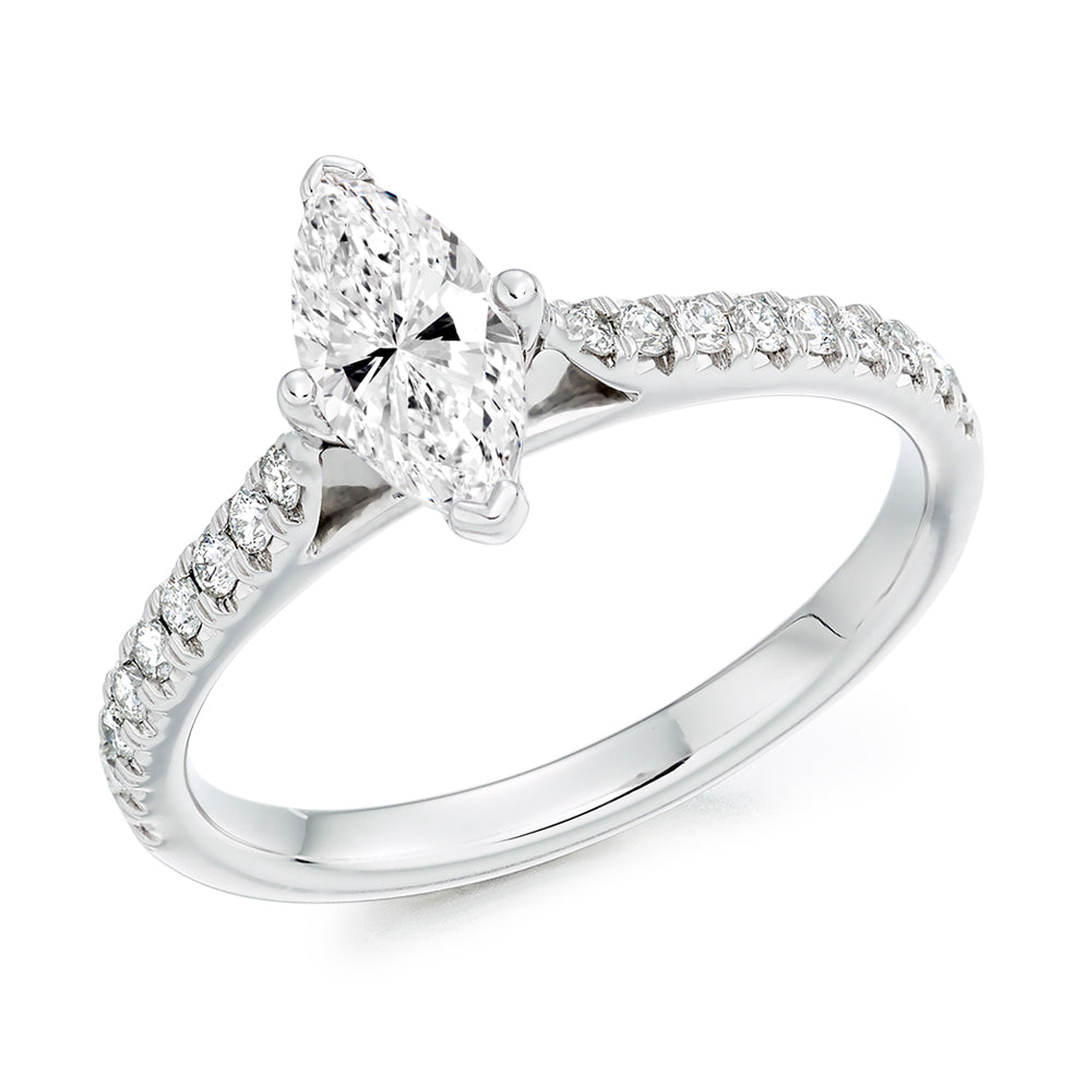 Solitaire with Diamond Shoulders Marquise Cut Engagement Ring, 0.5ct in White Gold
