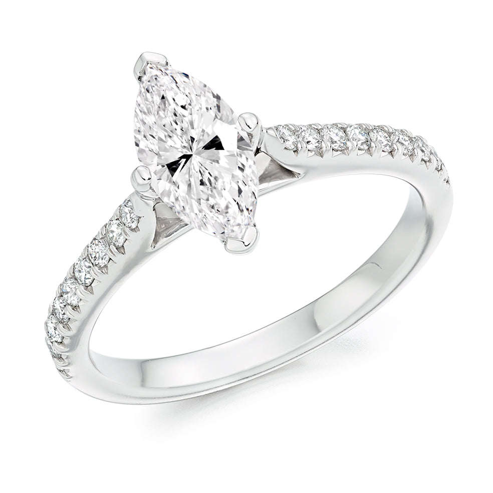 Diamond-Shouldered Solitaire Marquise Cut Engagement Ring, 0.75ct in White Gold