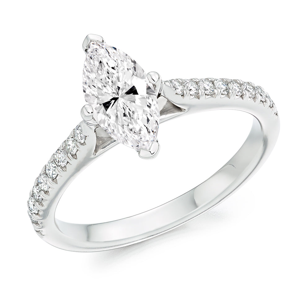 Accent-Shouldered Solitaire Marquise Cut Engagement Ring, 0.85ct in White Gold