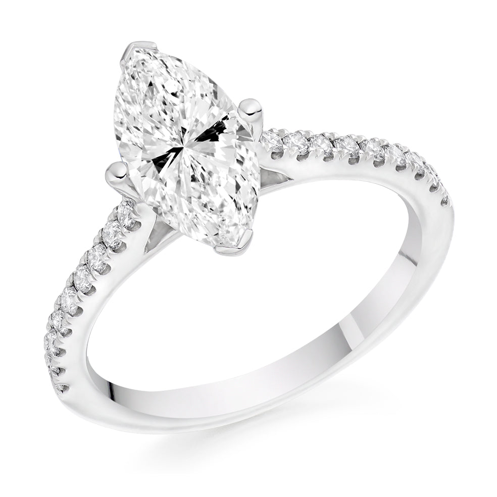 Solitaire with Diamond Shoulders Marquise Cut Engagement Ring in White Gold