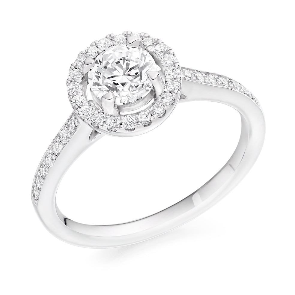 Pavé-Shoulder Halo Round-Brilliant Engagement Ring, 0.5ct in White Gold
