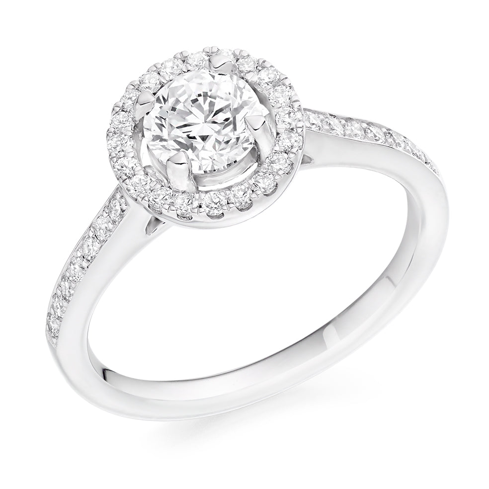 Pavé-Shoulder Halo Round-Brilliant Engagement Ring, 0.75ct in White Gold