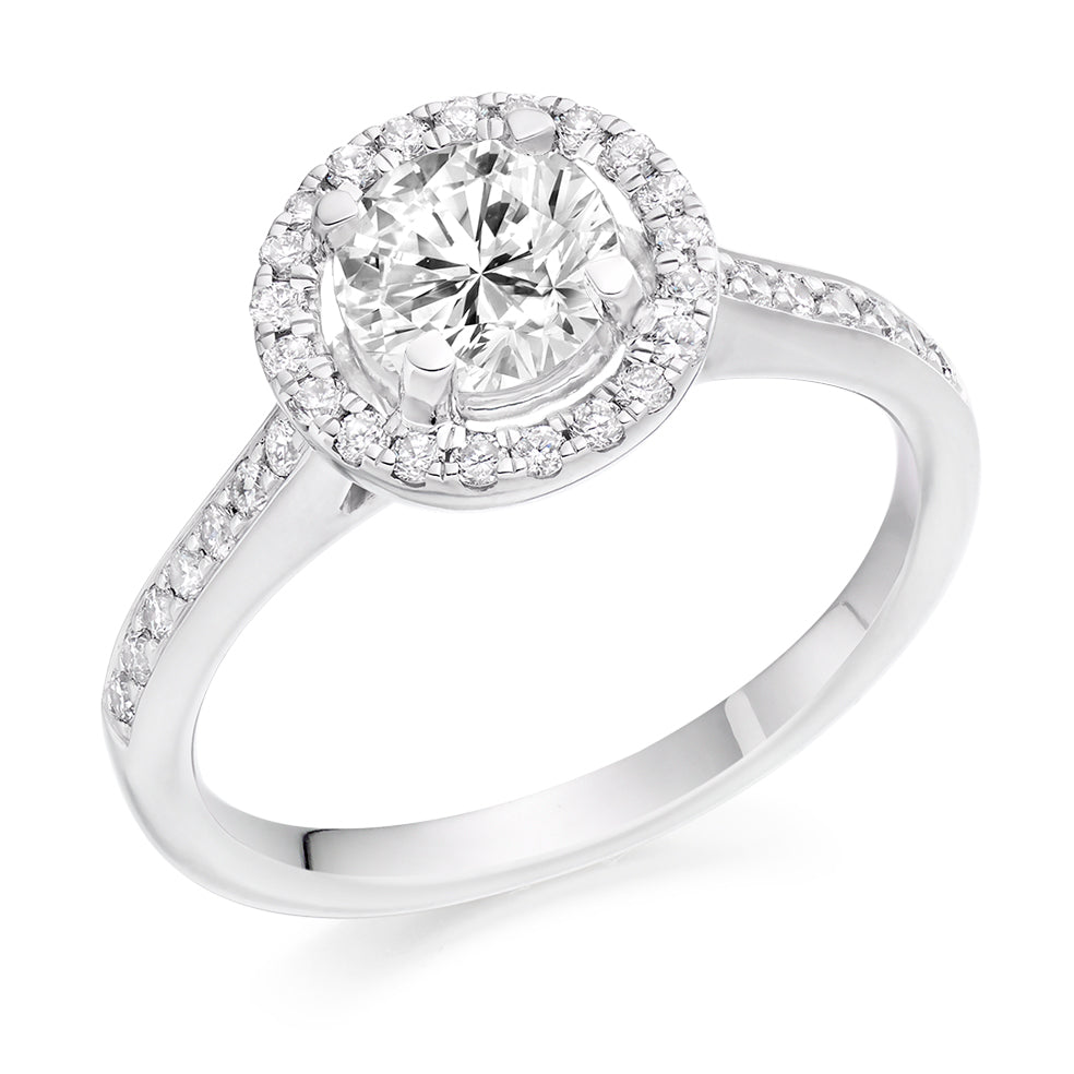 Pavé-Shoulder Halo Round-Brilliant Engagement Ring, 0.9ct in White Gold